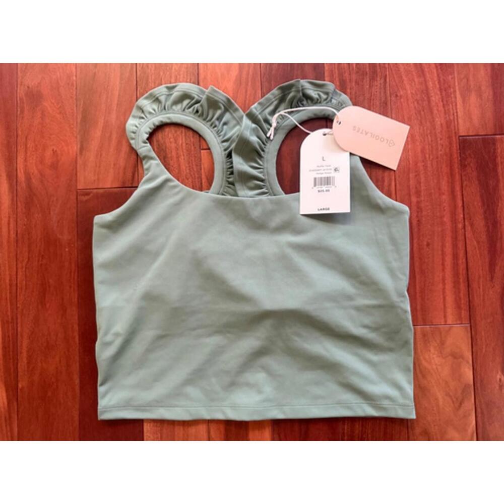 NWT ~ Blogilates Women's LARGE Ruffle Tank Top Hedge Green Cropped
